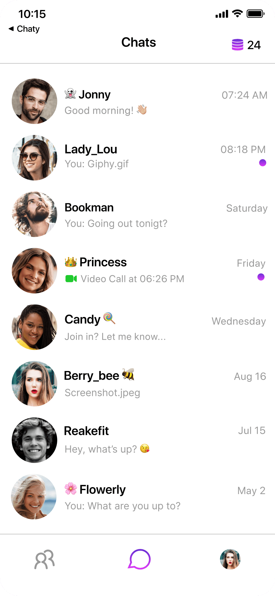 Chaty app – friends screen